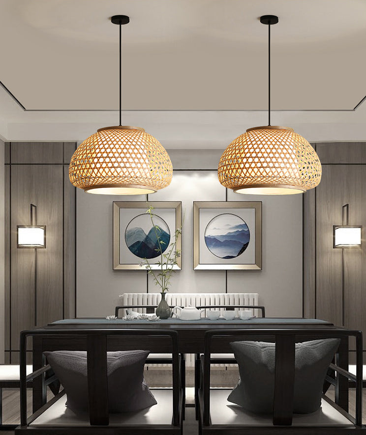 Globe Pendant Hanging Lamp with Rattan Shade Asia Style 1 Light Hanging Ceiling Lantern in Beige Clearhalo 'Ceiling Lights' 'Pendant Lights' 'Pendants' Lighting' 2628847