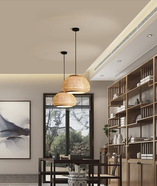 Globe Pendant Hanging Lamp with Rattan Shade Asia Style 1 Light Hanging Ceiling Lantern in Beige Clearhalo 'Ceiling Lights' 'Pendant Lights' 'Pendants' Lighting' 2628854