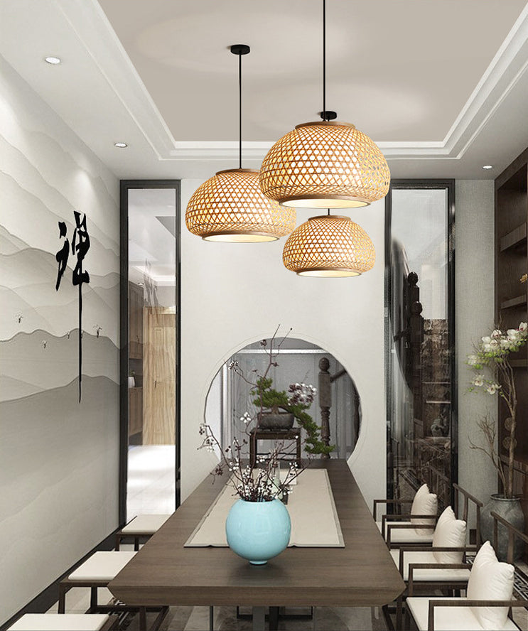 Globe Pendant Hanging Lamp with Rattan Shade Asia Style 1 Light Hanging Ceiling Lantern in Beige Clearhalo 'Ceiling Lights' 'Pendant Lights' 'Pendants' Lighting' 2628855