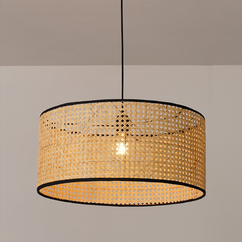 Drum Rattan Shade Pendant Hanging Lamp Asia Style 1 Light Hanging Ceiling Light in Beige for Living Room Clearhalo 'Ceiling Lights' 'Pendant Lights' 'Pendants' Lighting' 2628856