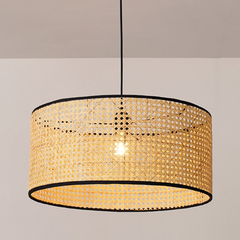 Drum Rattan Shade Pendant Hanging Lamp Asia Style 1 Light Hanging Ceiling Light in Beige for Living Room Clearhalo 'Ceiling Lights' 'Pendant Lights' 'Pendants' Lighting' 2628861