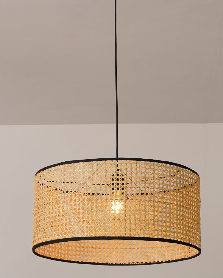 Drum Rattan Shade Pendant Hanging Lamp Asia Style 1 Light Hanging Ceiling Light in Beige for Living Room Clearhalo 'Ceiling Lights' 'Pendant Lights' 'Pendants' Lighting' 2628863