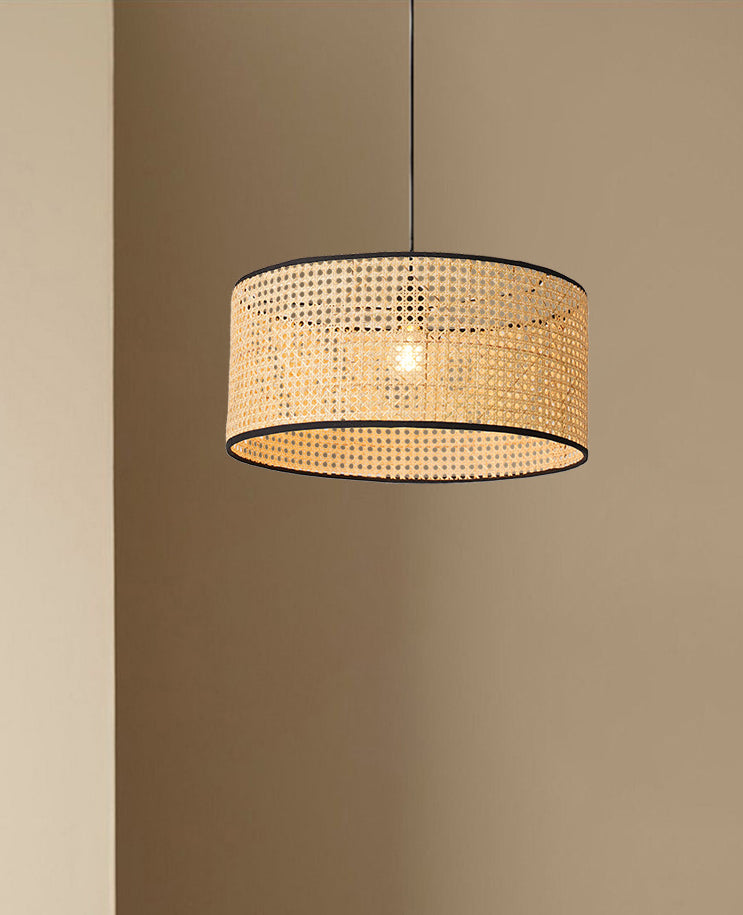 Drum Rattan Shade Pendant Hanging Lamp Asia Style 1 Light Hanging Ceiling Light in Beige for Living Room Clearhalo 'Ceiling Lights' 'Pendant Lights' 'Pendants' Lighting' 2628869