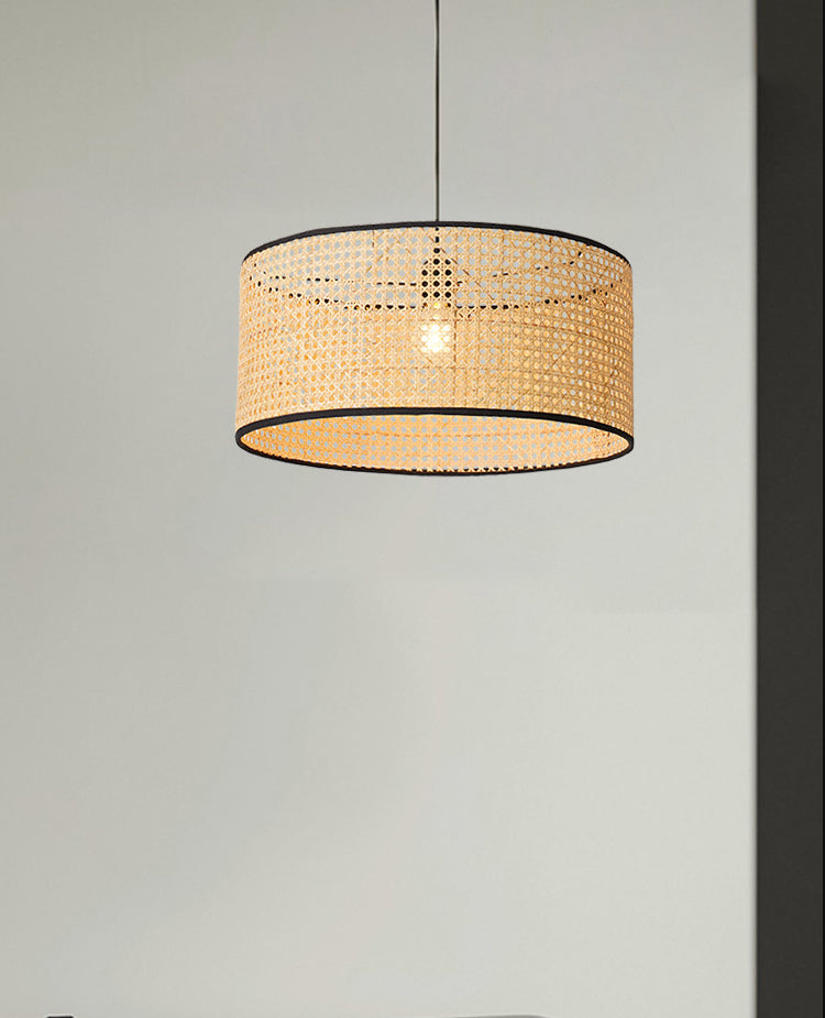 Drum Rattan Shade Pendant Hanging Lamp Asia Style 1 Light Hanging Ceiling Light in Beige for Living Room Clearhalo 'Ceiling Lights' 'Pendant Lights' 'Pendants' Lighting' 2628870