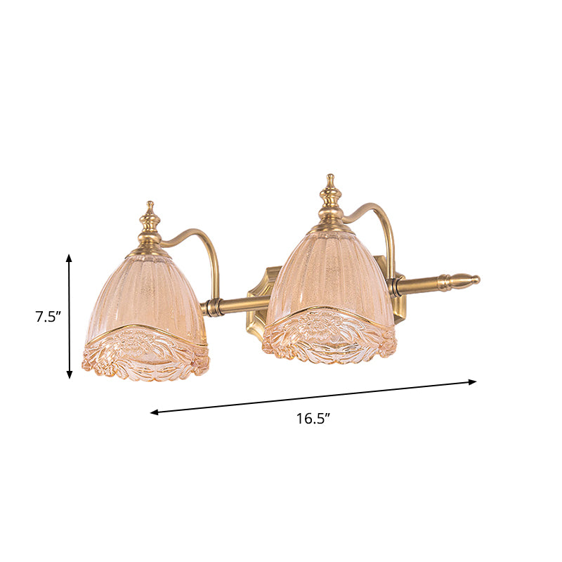 Floral Shade Wall Light Sconce Modern Style Amber Glass 2/3 Bulbs Bathroom Vanity Light in Brass Finish, 16.5"/24.5" W Clearhalo 'Modern wall lights' 'Modern' 'Vanity Lights' 'Wall Lights' Lighting' 262888