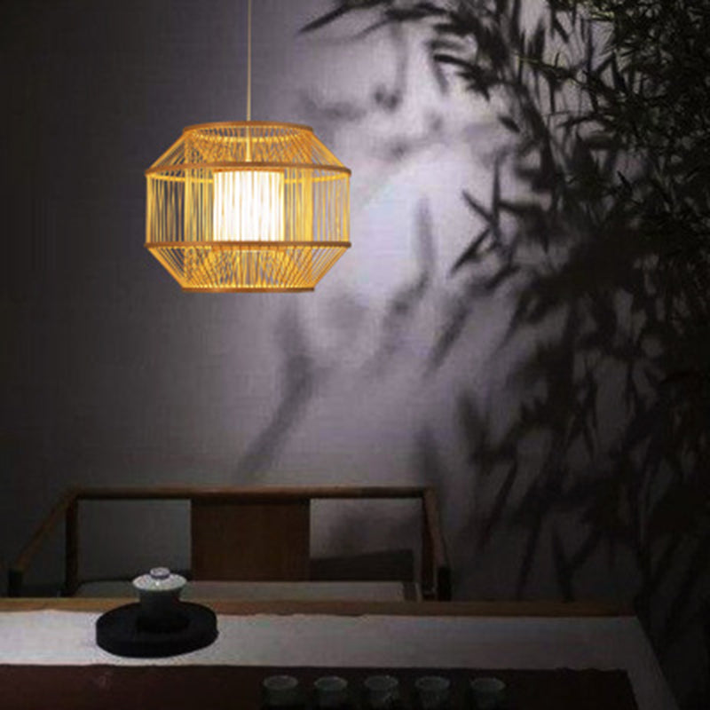 Beige Round Lantern Pendant Chinese Style 1 Bulb Bamboo Hanging Light for Dining Table Clearhalo 'Ceiling Lights' 'Pendant Lights' 'Pendants' Lighting' 2628932