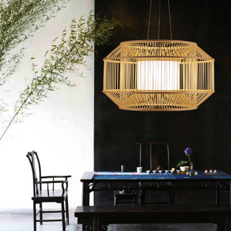 Beige Round Lantern Pendant Chinese Style 1 Bulb Bamboo Hanging Light for Dining Table Clearhalo 'Ceiling Lights' 'Pendant Lights' 'Pendants' Lighting' 2628934