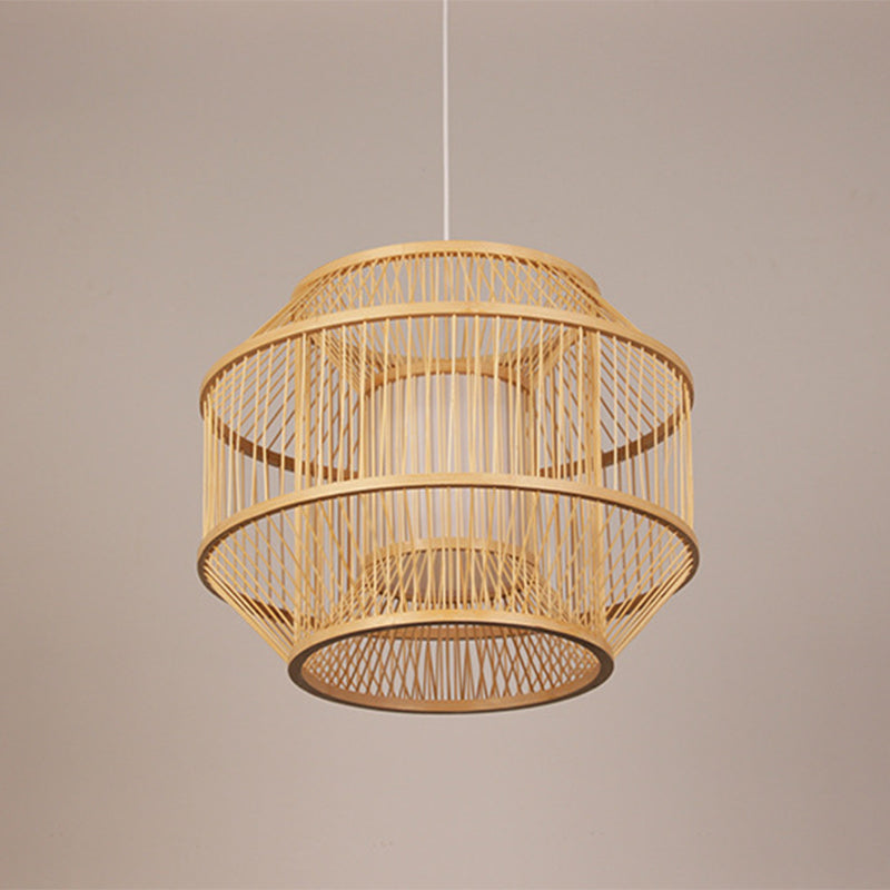 Beige Round Lantern Pendant Chinese Style 1 Bulb Bamboo Hanging Light for Dining Table Clearhalo 'Ceiling Lights' 'Pendant Lights' 'Pendants' Lighting' 2628938