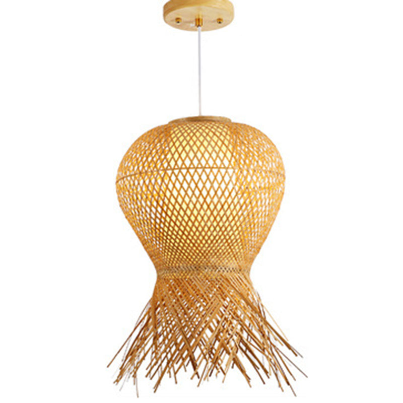 Beige Hand-Woven Pendant Chinese Style 1 Bulb Bamboo Hanging Light for Dining Table Beige 16" Clearhalo 'Ceiling Lights' 'Pendant Lights' 'Pendants' Lighting' 2628943