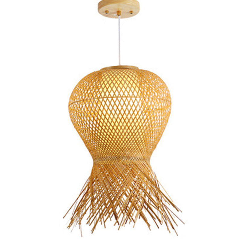 Beige Hand-Woven Pendant Chinese Style 1 Bulb Bamboo Hanging Light for Dining Table Beige 20" Clearhalo 'Ceiling Lights' 'Pendant Lights' 'Pendants' Lighting' 2628945