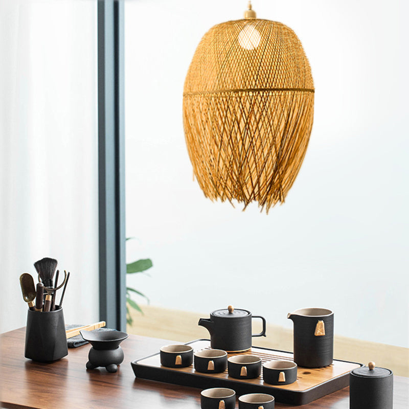 Beige Hand-Worked Pendant Chinese Style 1 Bulb Bamboo Hanging Light for Dining Table Clearhalo 'Ceiling Lights' 'Pendant Lights' 'Pendants' Lighting' options 2628997