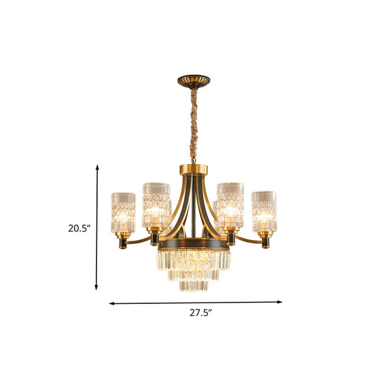 Cylinder Dining Room Hanging Light Textured Crystal 6/8 Heads Postmodern Chandelier Lighting in Gold Clearhalo 'Ceiling Lights' 'Chandeliers' 'Modern Chandeliers' 'Modern' Lighting' 262902