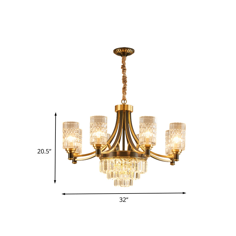 Cylinder Dining Room Hanging Light Textured Crystal 6/8 Heads Postmodern Chandelier Lighting in Gold Clearhalo 'Ceiling Lights' 'Chandeliers' 'Modern Chandeliers' 'Modern' Lighting' 262903