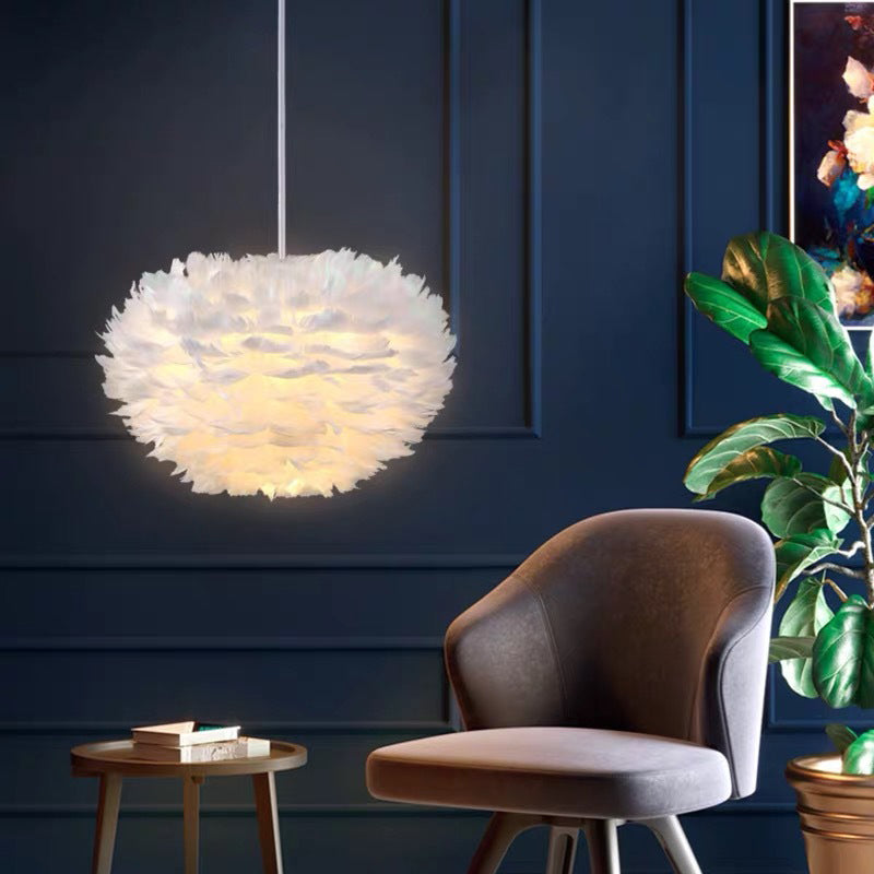 White Feather Pendant Lighting Modern Nordic Creative Globe Hanging Ceiling Light for Bedroom Clearhalo 'Ceiling Lights' 'Pendant Lights' 'Pendants' Lighting' 2629090