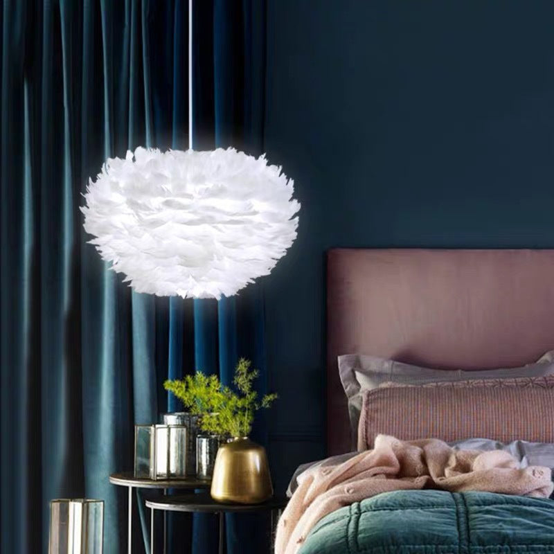 White Feather Pendant Lighting Modern Nordic Creative Globe Hanging Ceiling Light for Bedroom Clearhalo 'Ceiling Lights' 'Pendant Lights' 'Pendants' Lighting' 2629091