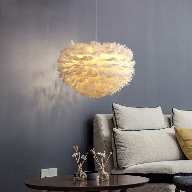 Art Deco White Feather Pendant Lighting Modern Nordic Creative Globe Hanging Ceiling Light for Bedroom Clearhalo 'Ceiling Lights' 'Pendant Lights' 'Pendants' Lighting' 2629104