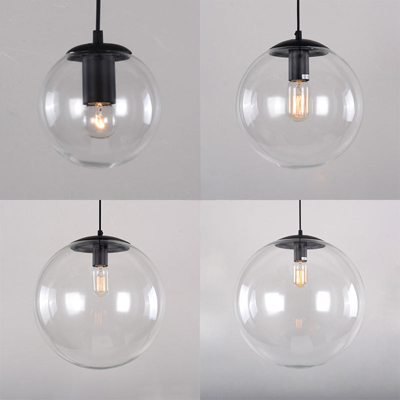 Globe Pendant Lighting Industrial 6"/8"/12" Wide 1 Light Clear Glass Hanging Ceiling Light in Black/Chrome Clearhalo 'Ceiling Lights' 'Close To Ceiling Lights' 'Glass shade' 'Glass' 'Industrial Pendants' 'Industrial' 'Middle Century Pendants' 'Pendant Lights' 'Pendants' 'Tiffany' Lighting' 26293