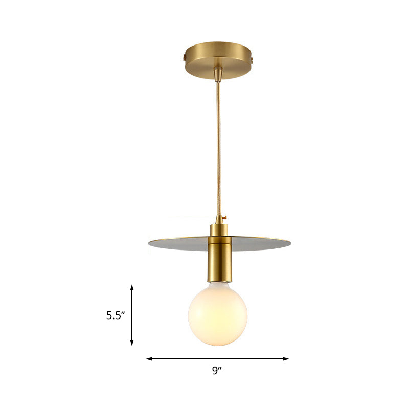 Postmodern Globe Pendant Light White Glass 1 Head Bedroom Hanging Lamp Kit with Gold Disc Metal Shade Clearhalo 'Ceiling Lights' 'Glass shade' 'Glass' 'Modern Pendants' 'Modern' 'Pendant Lights' 'Pendants' Lighting' 262932