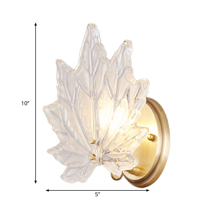 Maple Leaf Bedroom Wall Light Clear Crystal 1 Head Contemporary Wall Sconce Fixture with Round Backplate in Gold Clearhalo 'Modern wall lights' 'Modern' 'Wall Lamps & Sconces' 'Wall Lights' Lighting' 262933