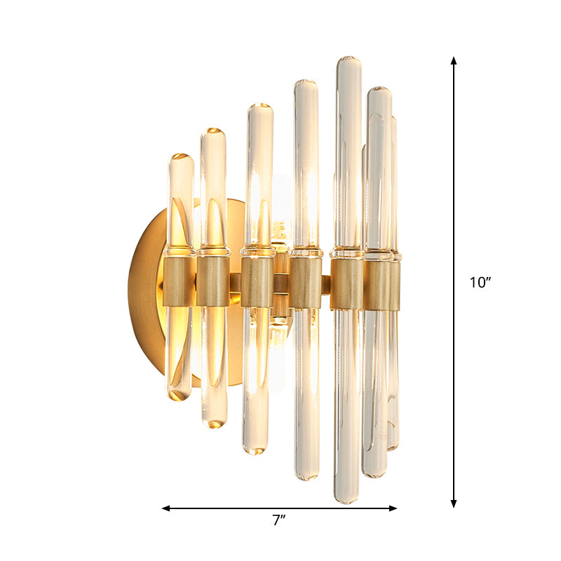 Tubular Wall Light Sconce Modern Style Clear Crystal 2 Bulbs Gold Finish Wall Sconce Light for Living Room Clearhalo 'Modern wall lights' 'Modern' 'Wall Lamps & Sconces' 'Wall Lights' Lighting' 262939