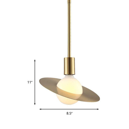 Postmodern Orbit Pendant Lamp White Glass 1 Head Hanging Light Kit with Gold Disc Metal Shade Clearhalo 'Ceiling Lights' 'Glass shade' 'Glass' 'Modern Pendants' 'Modern' 'Pendant Lights' 'Pendants' Lighting' 262940