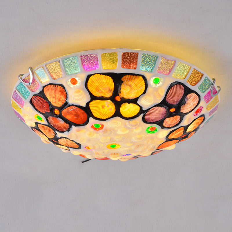 Stained Glass Flush Mount Lamp Tiffany Multicolored Dome Shaped Child Room Ceiling Light with Shells Clearhalo 'Ceiling Lights' 'Close To Ceiling Lights' 'Lighting' 2629484