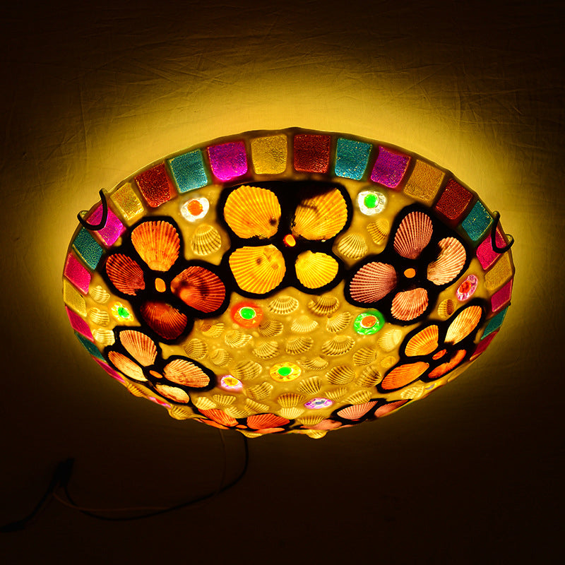 Stained Glass Flush Mount Lamp Tiffany Multicolored Dome Shaped Child Room Ceiling Light with Shells Clearhalo 'Ceiling Lights' 'Close To Ceiling Lights' 'Lighting' 2629485