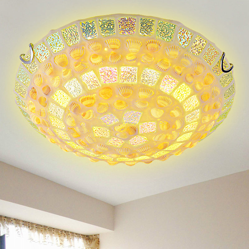 Mosaics Glass Bowl Flush Mount Light Fixture Mediterranean Yellow Ceiling Lamp with Decorative Shell for Bedroom Clearhalo 'Ceiling Lights' 'Close To Ceiling Lights' 'Lighting' 2629496