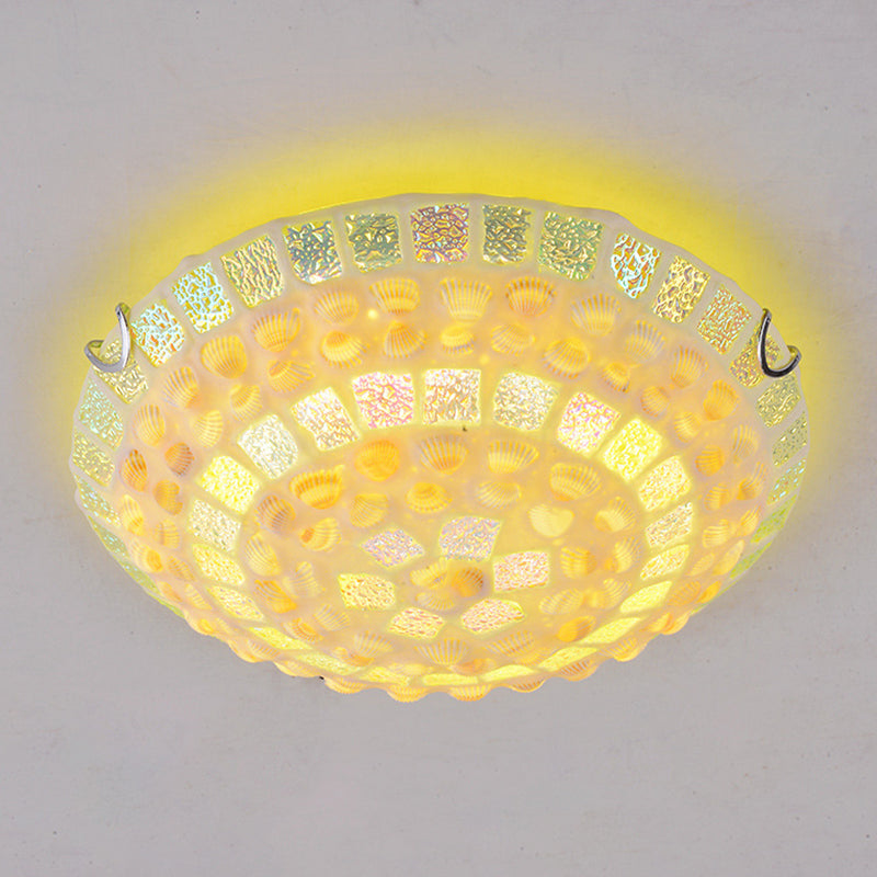 Mosaics Glass Bowl Flush Mount Light Fixture Mediterranean Yellow Ceiling Lamp with Decorative Shell for Bedroom Clearhalo 'Ceiling Lights' 'Close To Ceiling Lights' 'Lighting' 2629497