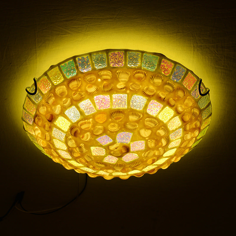 Mosaics Glass Bowl Flush Mount Light Fixture Mediterranean Yellow Ceiling Lamp with Decorative Shell for Bedroom Clearhalo 'Ceiling Lights' 'Close To Ceiling Lights' 'Lighting' 2629498