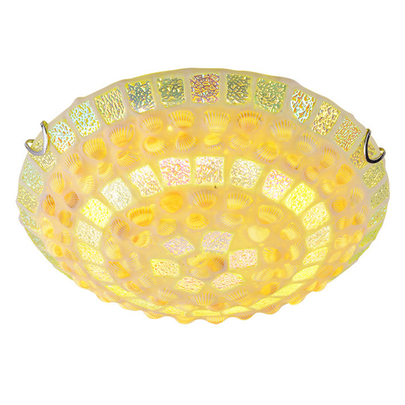 Mosaics Glass Bowl Flush Mount Light Fixture Mediterranean Yellow Ceiling Lamp with Decorative Shell for Bedroom Yellow Clearhalo 'Ceiling Lights' 'Close To Ceiling Lights' 'Lighting' 2629500