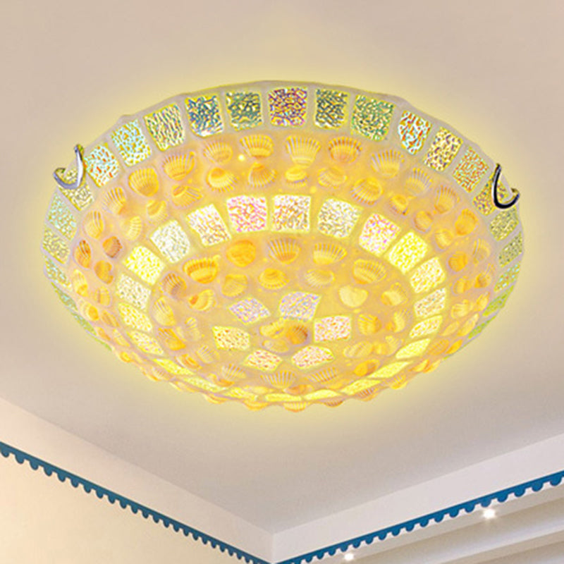 Mosaics Glass Bowl Flush Mount Light Fixture Mediterranean Yellow Ceiling Lamp with Decorative Shell for Bedroom Clearhalo 'Ceiling Lights' 'Close To Ceiling Lights' 'Lighting' 2629501