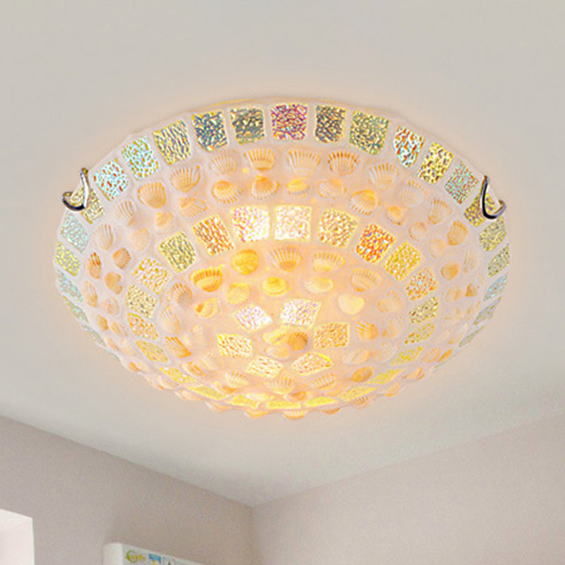 Mosaics Glass Bowl Flush Mount Light Fixture Mediterranean Yellow Ceiling Lamp with Decorative Shell for Bedroom Clearhalo 'Ceiling Lights' 'Close To Ceiling Lights' 'Lighting' 2629503