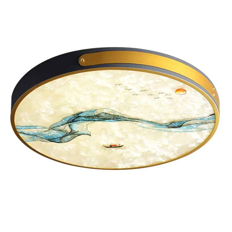 Hand-Paint Glass Round Flush Light Artistic Minimalist LED Ceiling Lighting for Bedroom Grey Landscape Clearhalo 'Ceiling Lights' 'Close To Ceiling Lights' 'Lighting' 2629520