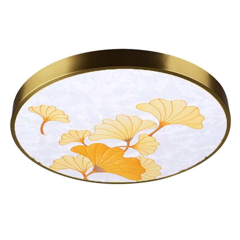 Hand-Paint Glass Round Flush Light Artistic Minimalist LED Ceiling Lighting for Bedroom Brass Leaf Clearhalo 'Ceiling Lights' 'Close To Ceiling Lights' 'Lighting' 2629523