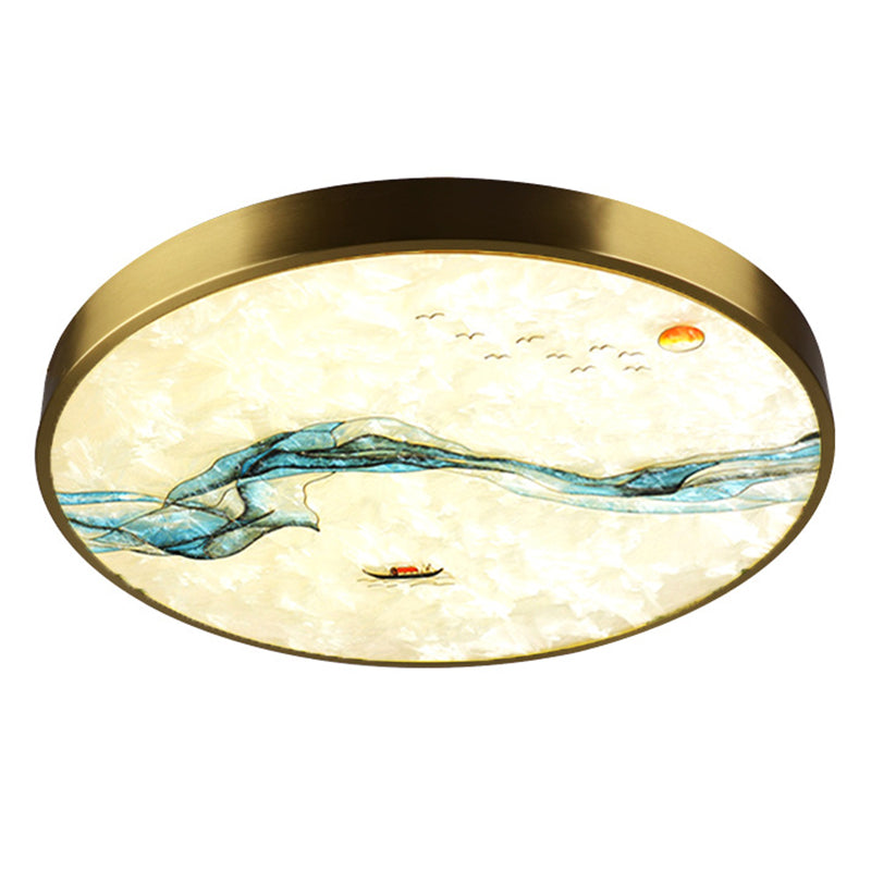 Hand-Paint Glass Round Flush Light Artistic Minimalist LED Ceiling Lighting for Bedroom Brass Landscape Clearhalo 'Ceiling Lights' 'Close To Ceiling Lights' 'Lighting' 2629525