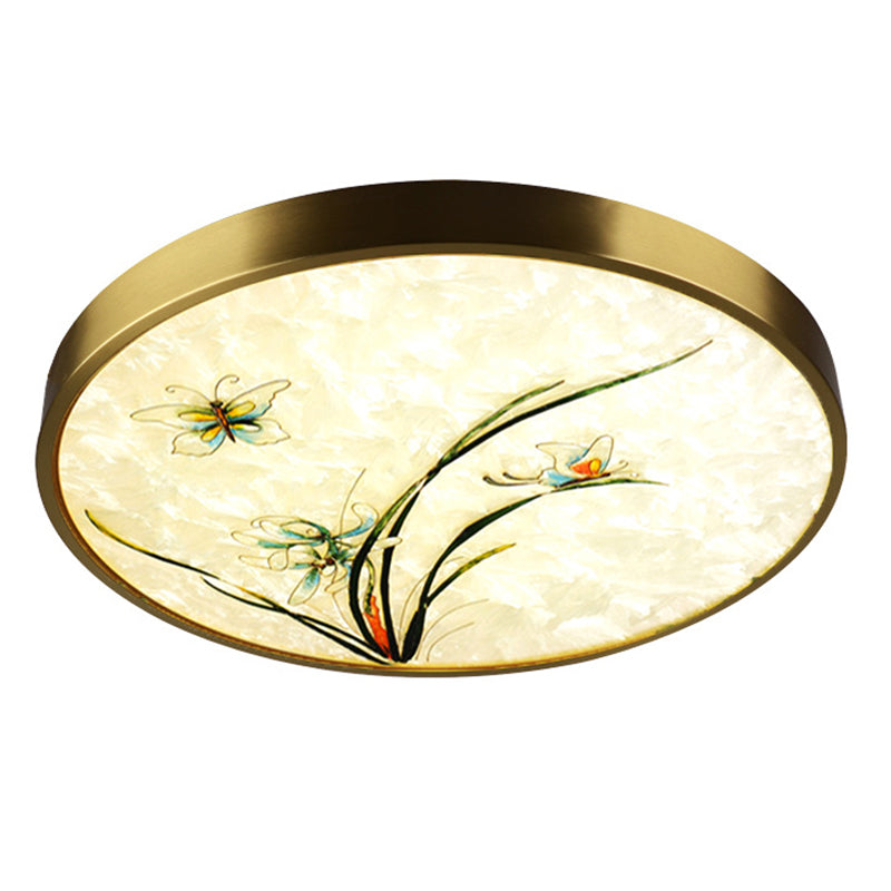 Hand-Paint Glass Round Flush Light Artistic Minimalist LED Ceiling Lighting for Bedroom Brass Magnolia Clearhalo 'Ceiling Lights' 'Close To Ceiling Lights' 'Lighting' 2629527