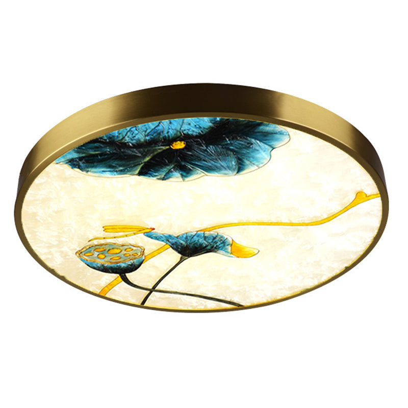 Hand-Paint Glass Round Flush Light Artistic Minimalist LED Ceiling Lighting for Bedroom Brass Lotus Clearhalo 'Ceiling Lights' 'Close To Ceiling Lights' 'Lighting' 2629529