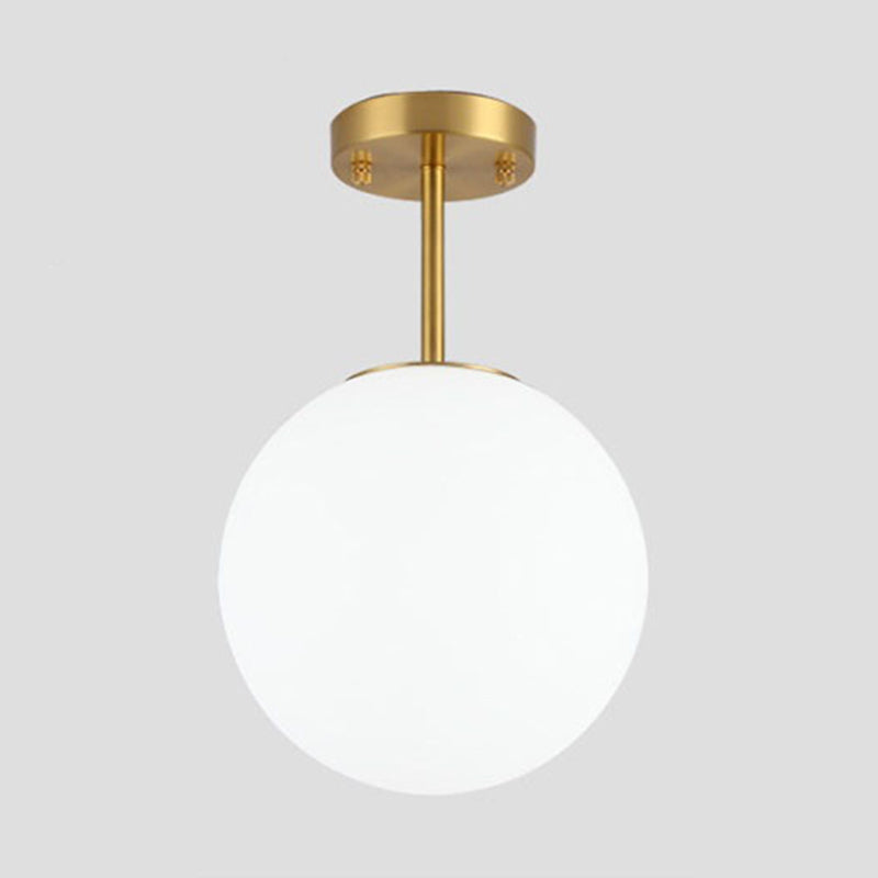 Spherical Hallway Semi Flush Light Fixture White Glass 1 Head Simple Style Ceiling Light in Brass Brass Clearhalo 'Ceiling Lights' 'Close To Ceiling Lights' 'Lighting' 2629532