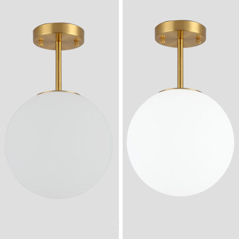 Spherical Hallway Semi Flush Light Fixture White Glass 1 Head Simple Style Ceiling Light in Brass Clearhalo 'Ceiling Lights' 'Close To Ceiling Lights' 'Lighting' 2629534