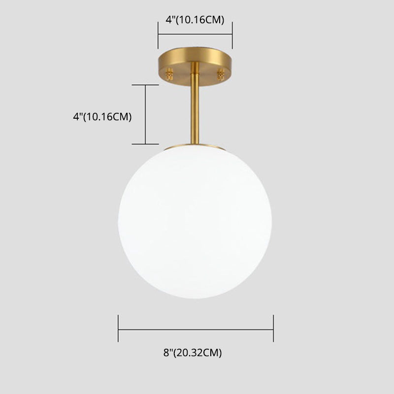 Spherical Hallway Semi Flush Light Fixture White Glass 1 Head Simple Style Ceiling Light in Brass Clearhalo 'Ceiling Lights' 'Close To Ceiling Lights' 'Lighting' 2629536