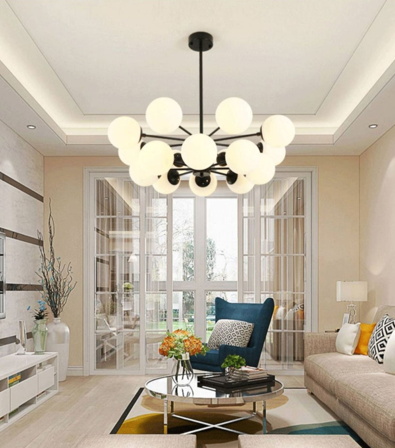 Black Metal Hanging Chandelier Light Modern Opal Glass Shade Ceiling Chandelier for Living Room Clearhalo 'Ceiling Lights' 'Chandeliers' Lighting' 2629608