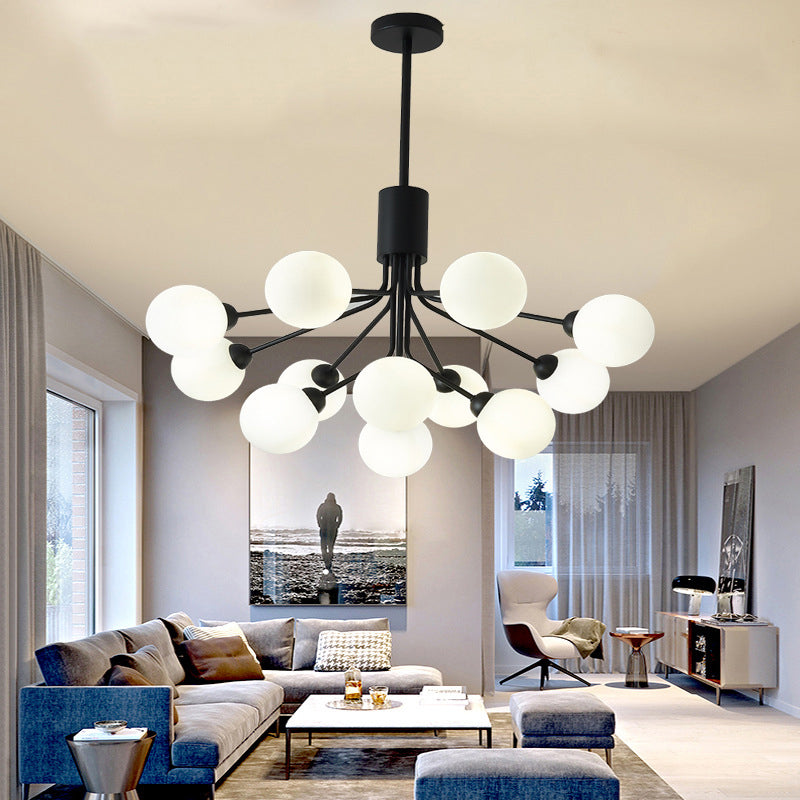 Black Metal Hanging Chandelier Light Modern Opal Glass Shade Ceiling Chandelier for Living Room Clearhalo 'Ceiling Lights' 'Chandeliers' Lighting' 2629650