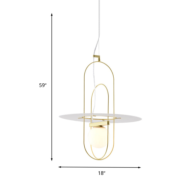 Brass Oval Frame Pendant Light Fixture Contemporary 1 Head Metal Suspension Light with Disc Glass Shade Clearhalo 'Ceiling Lights' 'Glass shade' 'Glass' 'Modern Pendants' 'Modern' 'Pendant Lights' 'Pendants' Lighting' 262971