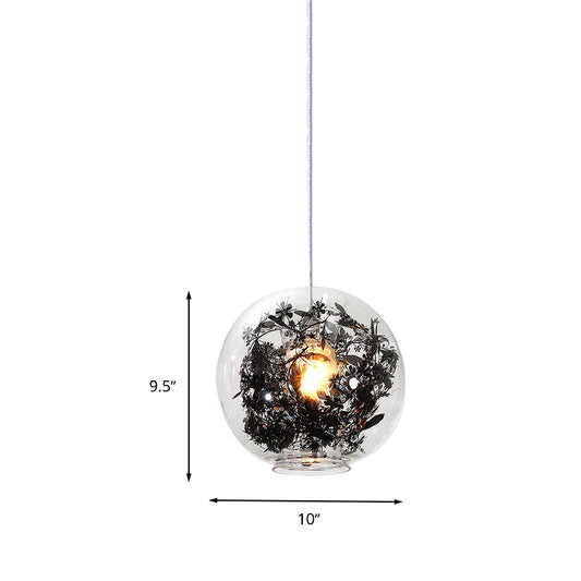 Clear Glass Sphere Pendant Ceiling Light Modern 1 Head Hanging Lamp with Black Plant Design Inside Clearhalo 'Ceiling Lights' 'Glass shade' 'Glass' 'Modern Pendants' 'Modern' 'Pendant Lights' 'Pendants' Lighting' 262972