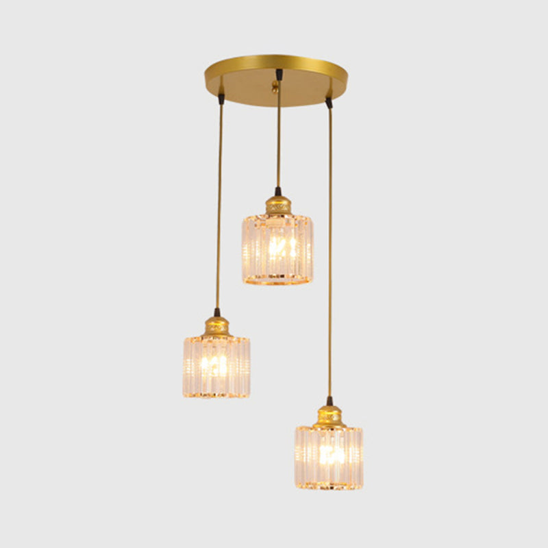 3 Lights Cylinder Multi Hanging Light Fixture Industrial Ribbed Glass Ceiling Light with Hanging Cord for Restaurant Gold Round Clearhalo 'Ceiling Lights' 'Pendant Lights' 'Pendants' Lighting' 2629936_0b20c225-194e-4024-a9ab-d53745a403c1