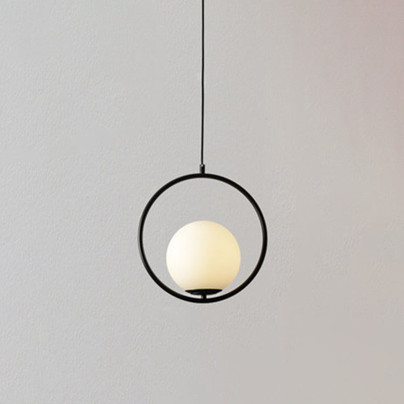 1 Light Hanging Light Fixtures Mid-Century Modern White Glass Hanging Pendant Lights for Bedroom Black Circle Clearhalo 'Ceiling Lights' 'Pendant Lights' 'Pendants' Lighting' options 2630082_53b9dfea-74d7-467d-a74a-1ed7b7c062b8