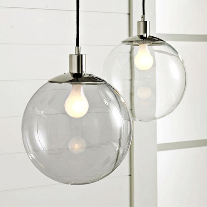 Globe Pendant Lighting Industrial 6"/8"/12" Wide 1 Light Clear Glass Hanging Ceiling Light in Black/Chrome Chrome Clearhalo 'Ceiling Lights' 'Close To Ceiling Lights' 'Glass shade' 'Glass' 'Industrial Pendants' 'Industrial' 'Middle Century Pendants' 'Pendant Lights' 'Pendants' 'Tiffany' Lighting' 26302