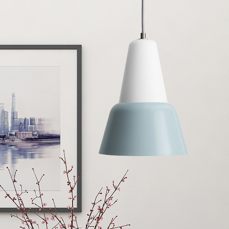 Cone Hanging Light Fixture Macaron Metal 1 Head 6.5"/10.5" Height Pink/Blue/Black Pendant Ceiling Light Blue 10.5" Clearhalo 'Ceiling Lights' 'Glass shade' 'Glass' 'Modern Pendants' 'Modern' 'Pendant Lights' 'Pendants' Lighting' 263098