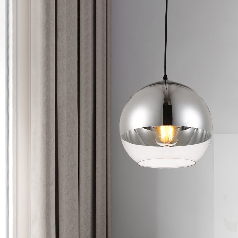 Globe Pendant Light Fixture Vintage Silver and Clear Glass 1 Head Bedroom Hanging Lamp, 6"/8"/10" Wide Silver Clearhalo 'Ceiling Lights' 'Glass shade' 'Glass' 'Modern Pendants' 'Modern' 'Pendant Lights' 'Pendants' Lighting' 263110